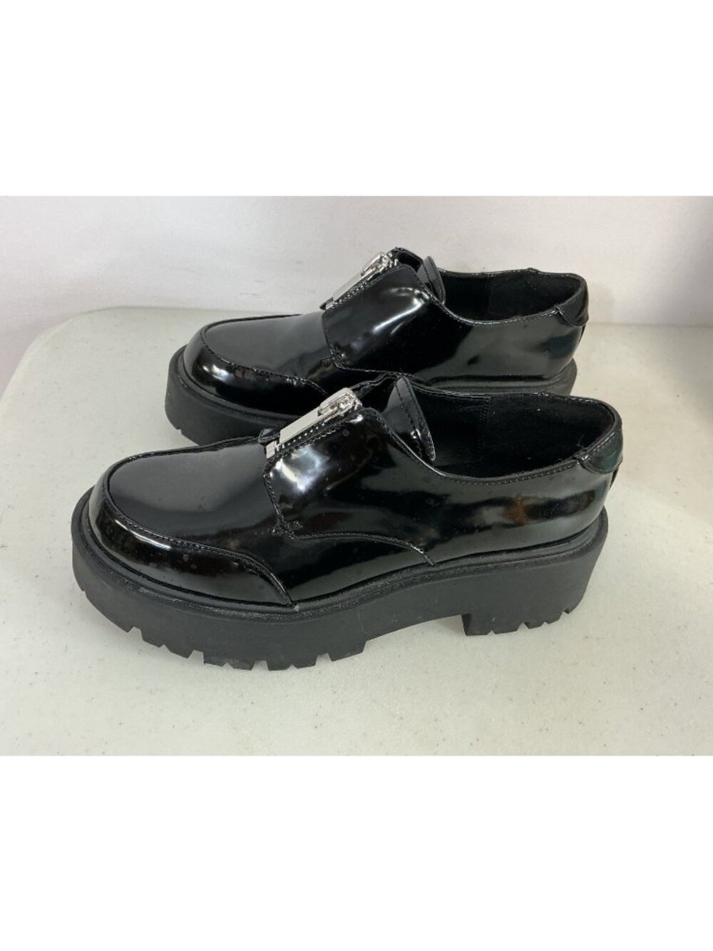 Black Patent Platform Lug Sole Loafers Chunky Shoes Womens 8